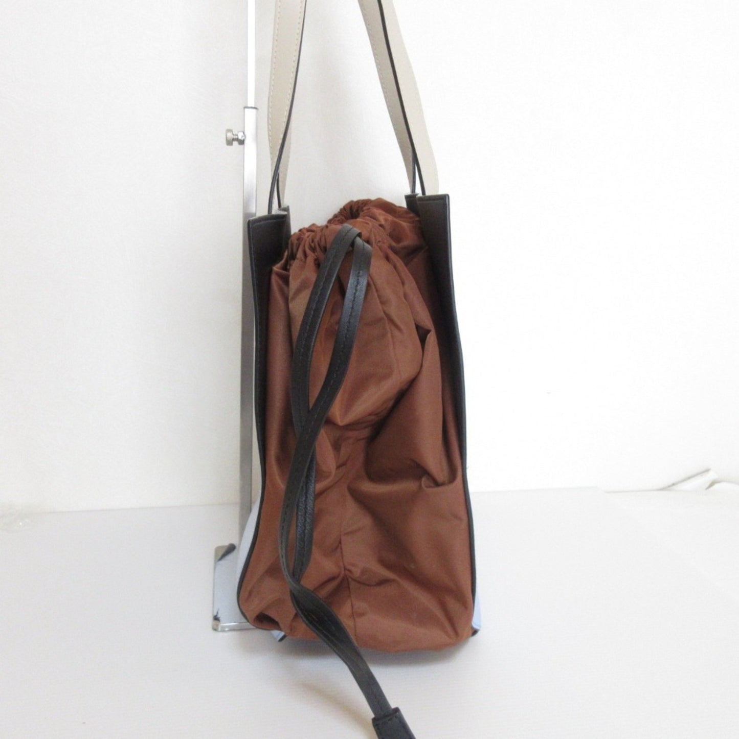 Marni Gusset Leather Drawstring Tote Bag One Shoulder Light Blue X Brown