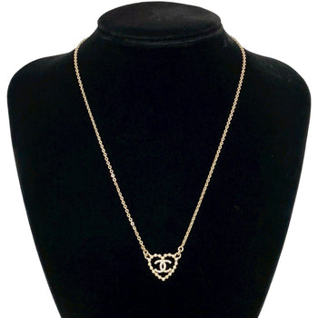 Chanel Coco Mark Heart Motif Rhinestone Plated Chain Necklace In Silver 80961
