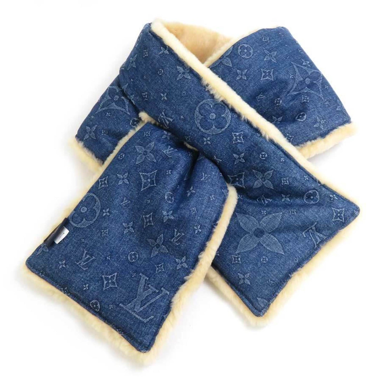 Louis Vuitton Louis Vuitton Stole/Scarf Echarpe Shearling Denim Cotton Sheepskin Blue Beige