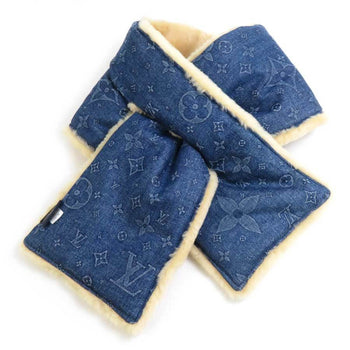 Louis Vuitton Louis Vuitton Stole/Scarf Echarpe Shearling Denim Cotton Sheepskin Blue Beige