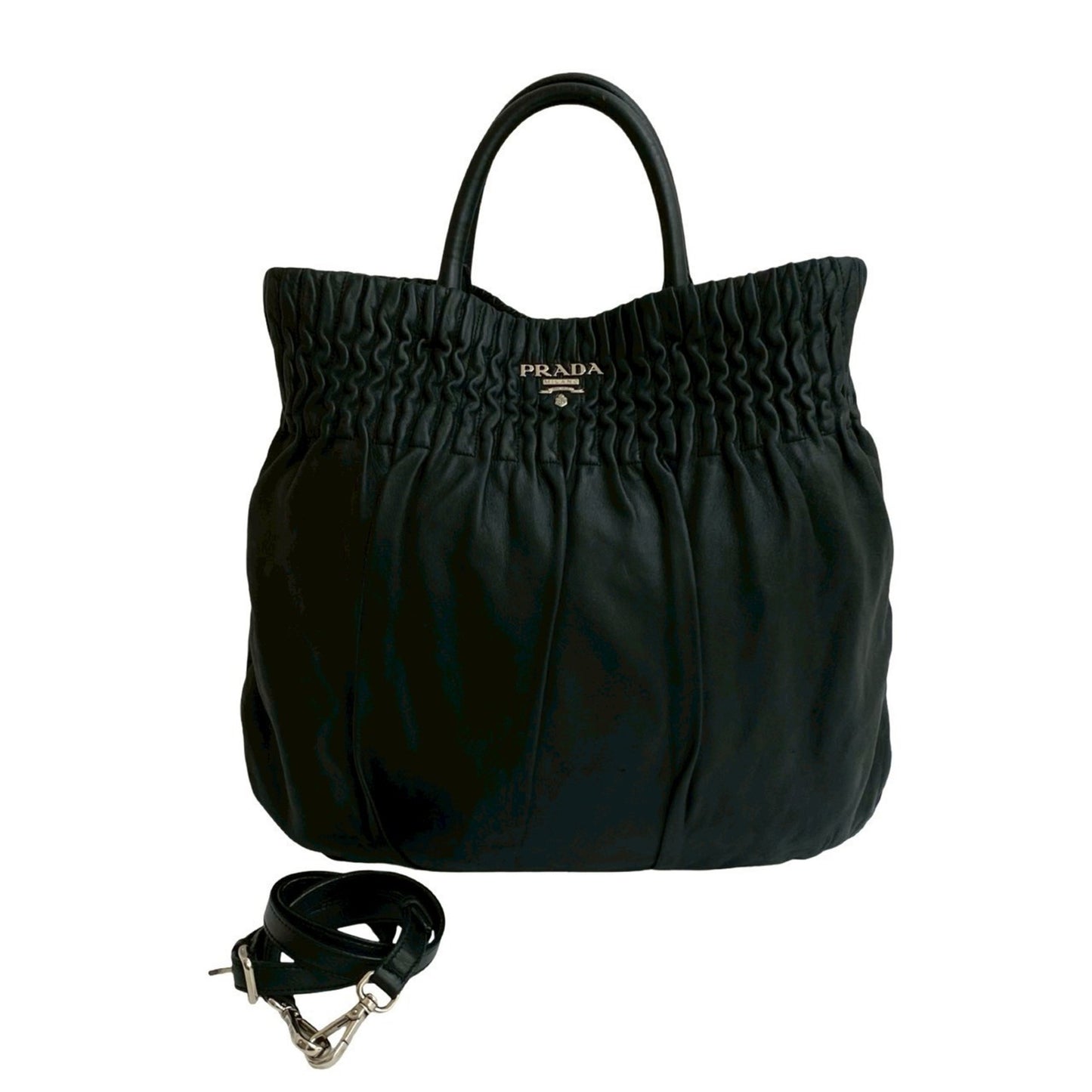 Prada Prada Logo Silver Hardware Gathered Leather Genuine 2-Way Handbag Mini Tote Bag Shoulder