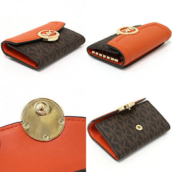 Michael Kors 6-Ring Key Case Mk Signature Bicolor Orange Brown Gold