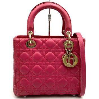 Christian Dior Dior Lady Medium 2Way Shoulder Bag Handbag Leather Pink