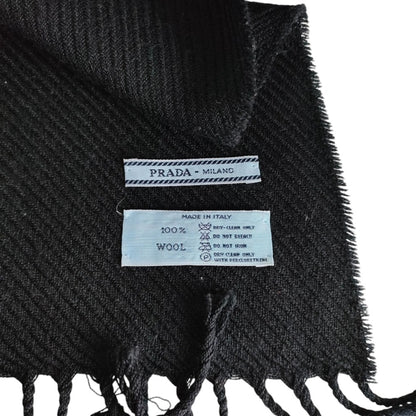 Prada Prada Wool Logo Embroidered Fringe Scarf/Stole In Black
