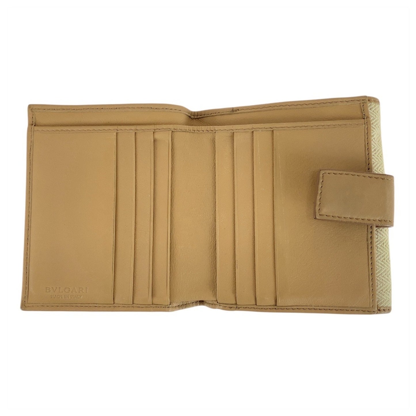 Bvlgari Chandra Beige Tweed/Leather Compact Folding Wallet (12661695) With Gold Hardware