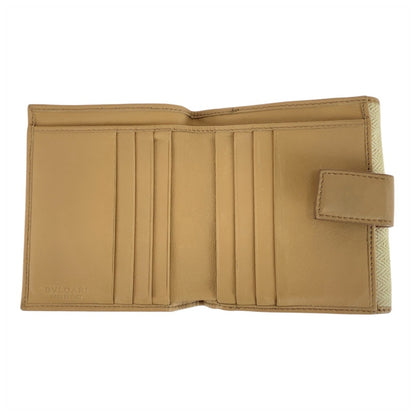 Bvlgari Chandra Beige Tweed/Leather Compact Folding Wallet (12661695) With Gold Hardware