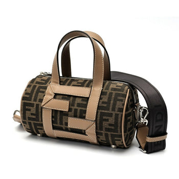 Fendi Zucca Small Boston Bag Shoulder 7Va570 Canvas Leather Brown Greige K-158807