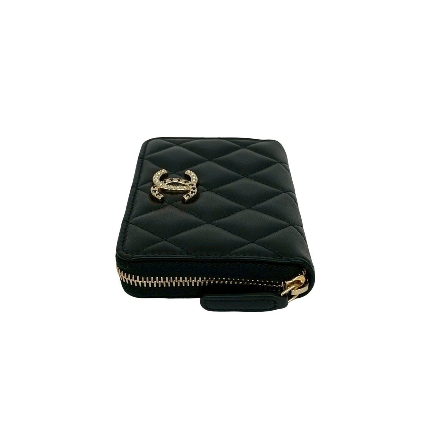 Unused Chanel Matelasse Coco Mark Rhinestone Lambskin Coin Case Wallet Black 21588