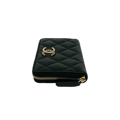 Unused Chanel Matelasse Coco Mark Rhinestone Lambskin Coin Case Wallet Black 21588