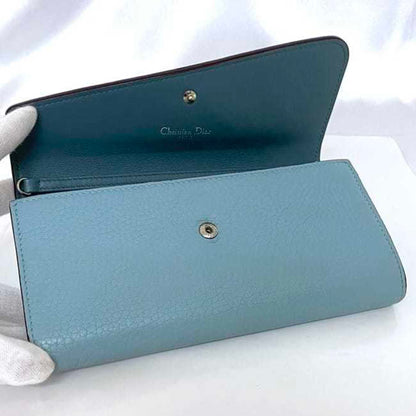 Christian Dior Bi-Fold Long Wallet Ec-22659 Light Blue Diorissimo Rencontre Leather 03-Ma-0146 Flap