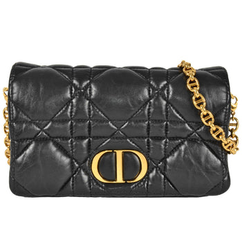 Christian Dior Dior Caro Macrocannage Chain Shoulder Wallet Leather Black