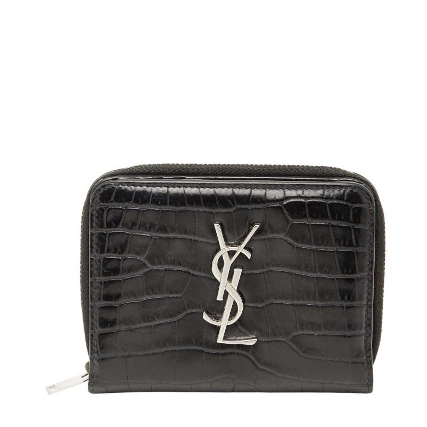 Saint Laurent Ysl Logo Crocodile Embossed Round Zipper Bifold Wallet 403964 Black Leather