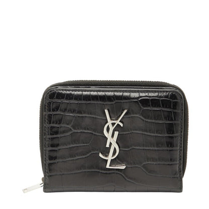 Saint Laurent Ysl Logo Crocodile Embossed Round Zipper Bifold Wallet 403964 Black Leather