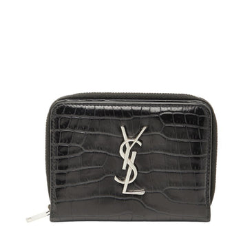 Saint Laurent Ysl Logo Crocodile Embossed Round Zipper Bifold Wallet 403964 Black Leather
