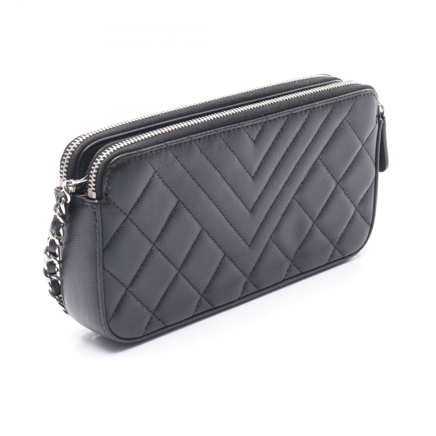 Chanel Double Zip Shoulder Bag In Grained Calfskin Leather