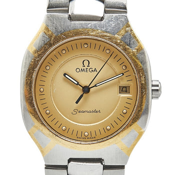 Omega Seamaster Polaris Watch Quartz Gold Dial Stainless Steel Yellow