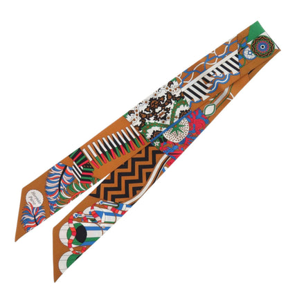 Like New Herms Twilly "De L'Ombrelle Aux Duels" Silk Camel Veil Blue Scarf/Muffler 0185 Hermes