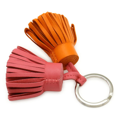 Hermes Carmen Unodos Key Ring Keychain Tassel Charm Annu Milo Leather Orange Pink