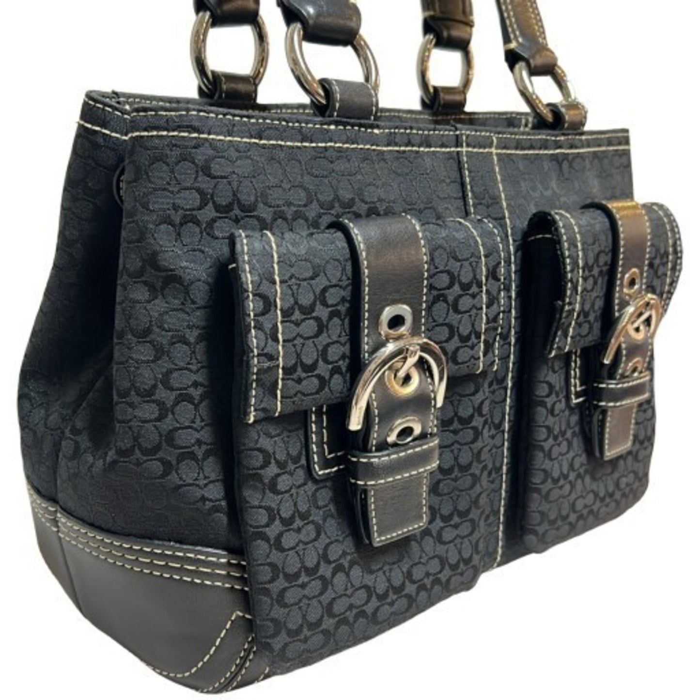 Coach Mini Signature Soho Double Pocket Handbag 3646 Black Canvas Leather (Mikunigaoka Store)