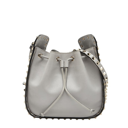 Valentino Rockstud Drawstring Shoulder Bag In Gray Leather