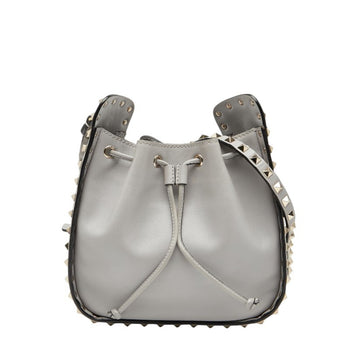 Valentino Rockstud Drawstring Shoulder Bag In Gray Leather