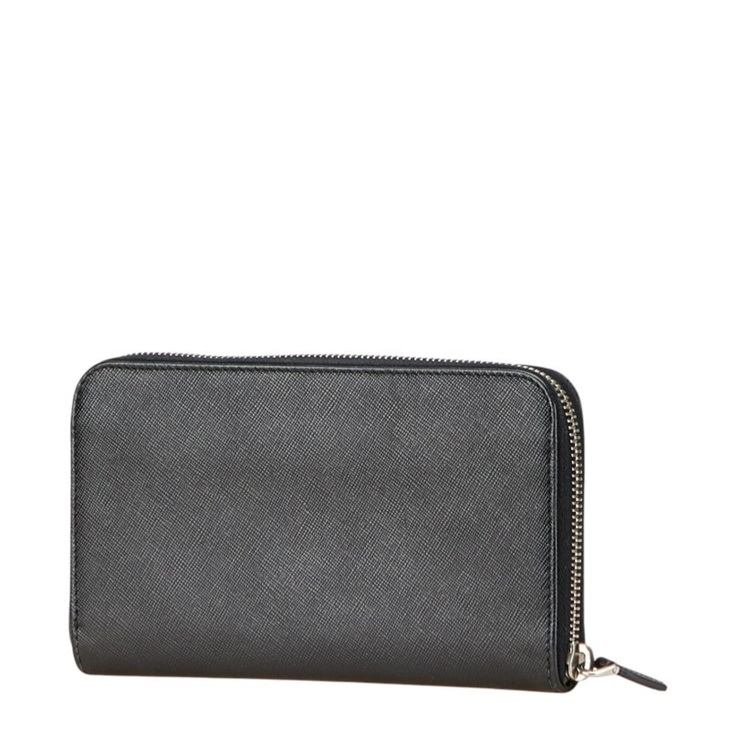 Prada Triangle Logo Plate Long Wallet Round Zipper Black Leather