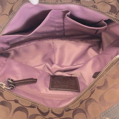 Coach Signature Brown Silver Hardware Canvas Tote Bag Shoulder
