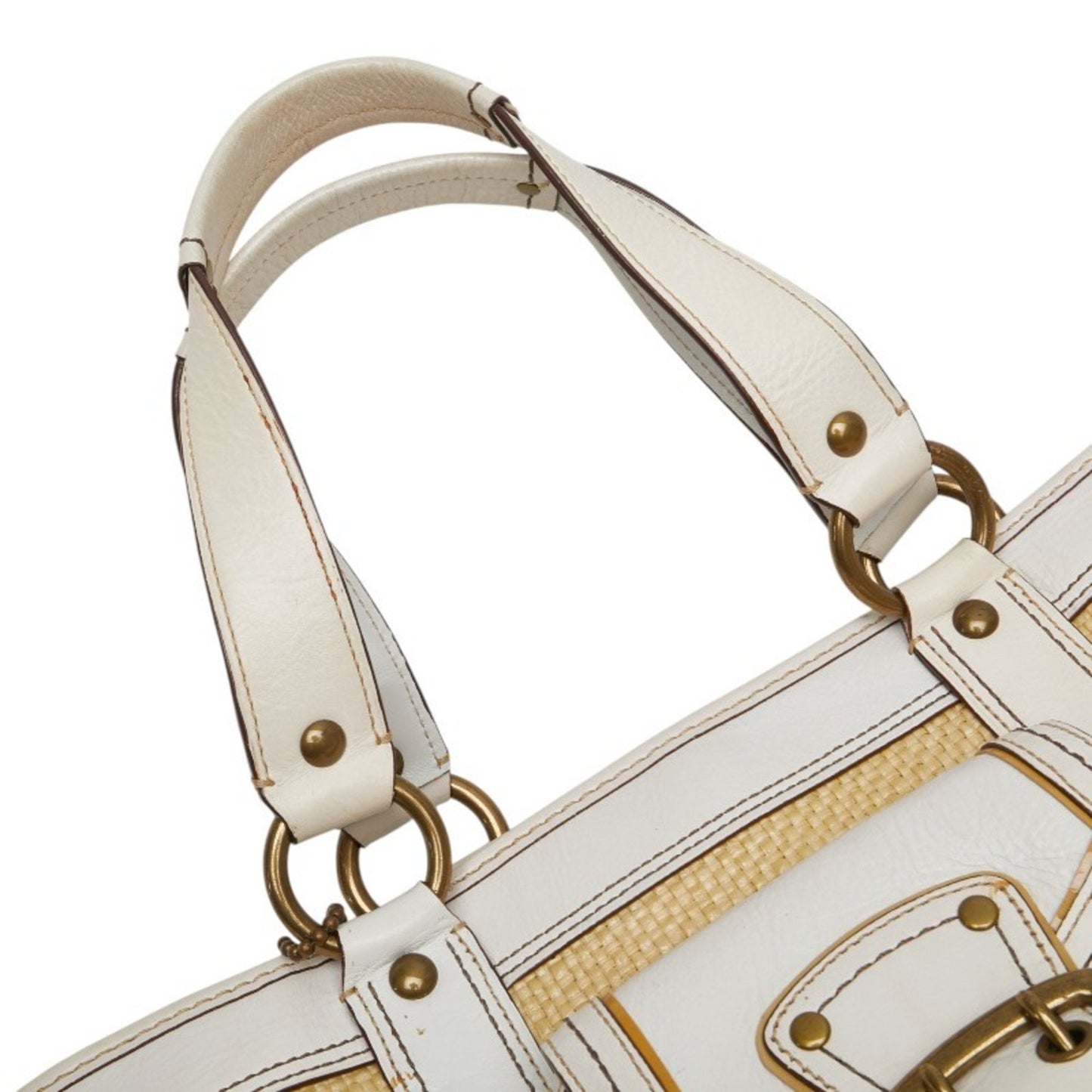 Coach Basket Bag Tote M05K-113 Beige White Straw Leather