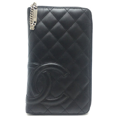 Chanel A26710 Cambon Line Zip Around Long Wallet Black X Pink