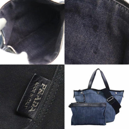 Prada Handbag Shoulder Bag Denim Leather Blue X Black