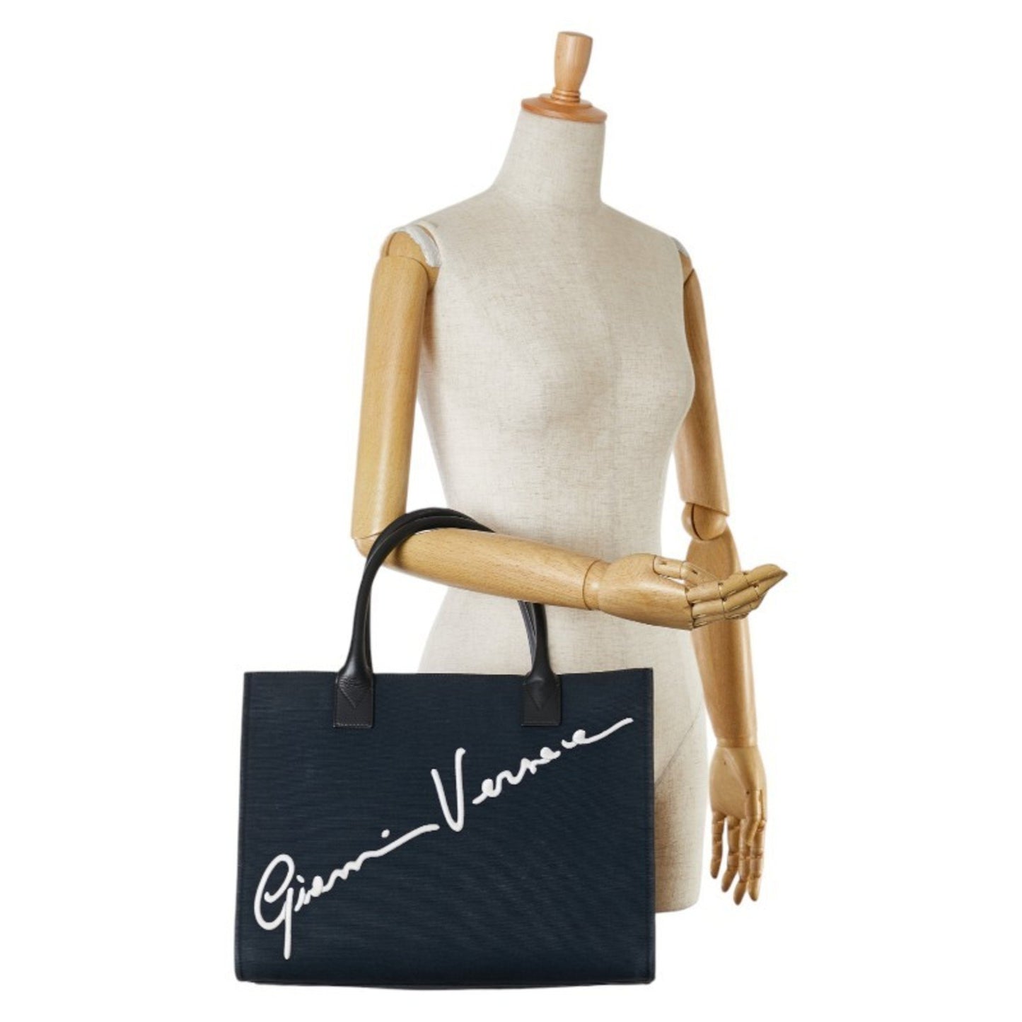 Versace Handbag Tote Bag Navy Canvas Leather