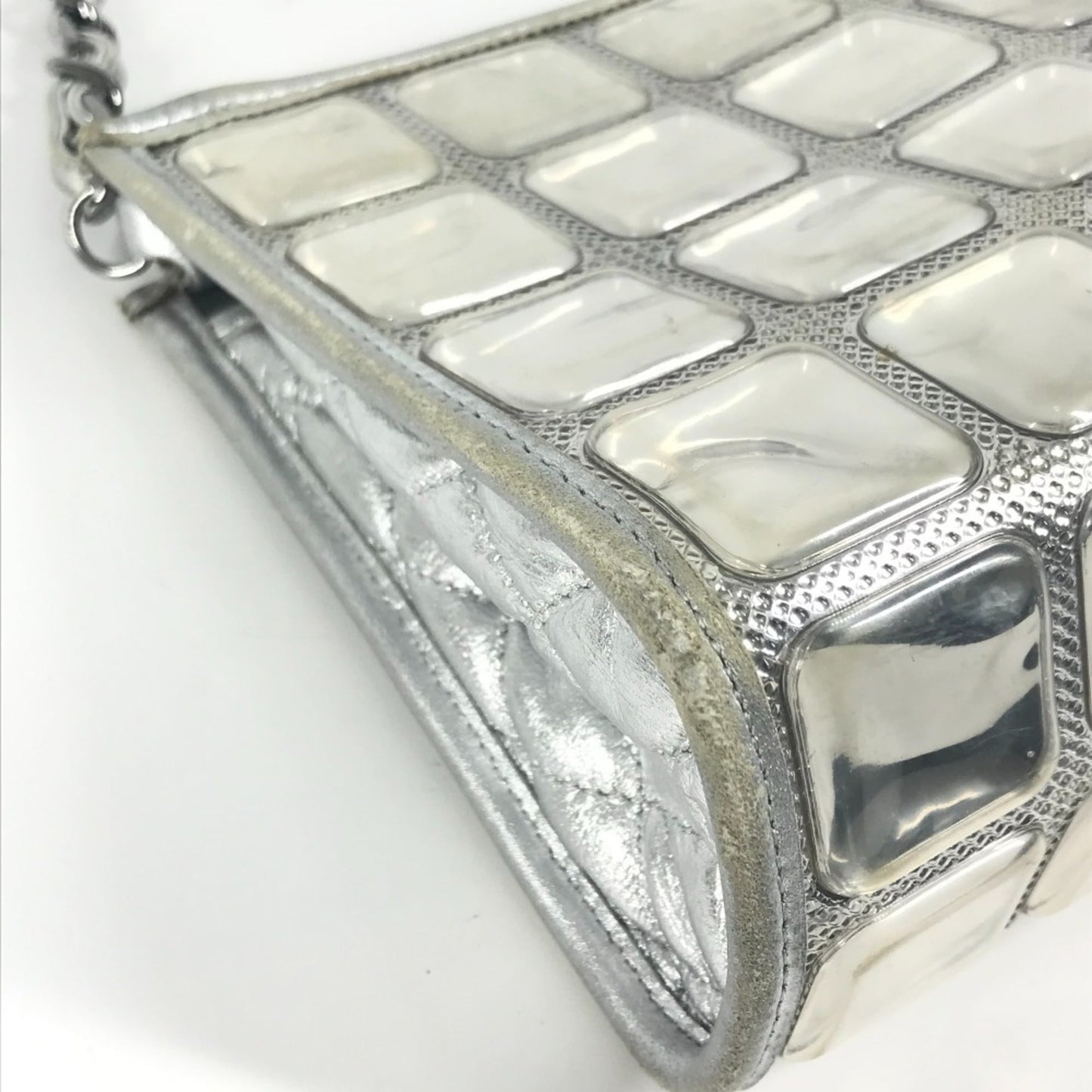 Chanel Cc Coco Mark Logo Ice Cube Chain Shoulder Bag In Silver Leather