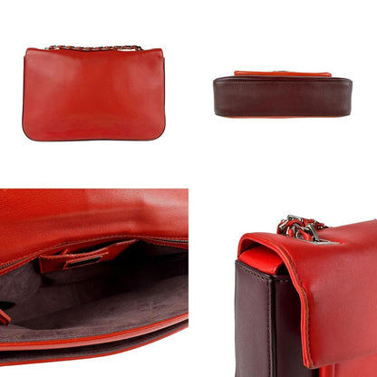Fendi Shoulder Bag Leather Red Burgundy Silver
