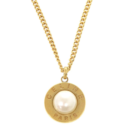 Celine Vintage Metal Faux Pearl Gold Necklace 1532 Celine