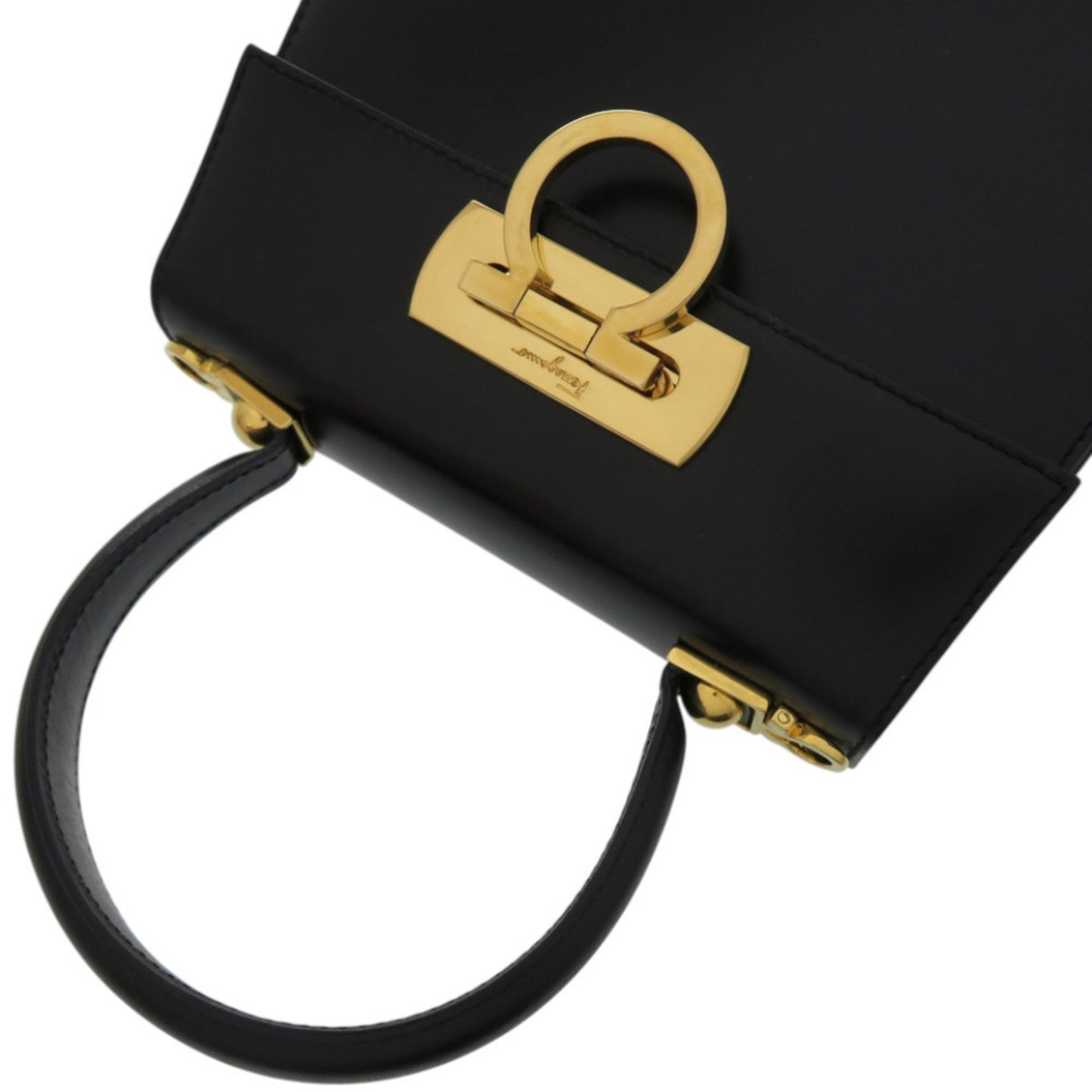 Salvatore Ferragamo Gancini Leather Handbag In Black With Gold Hardware