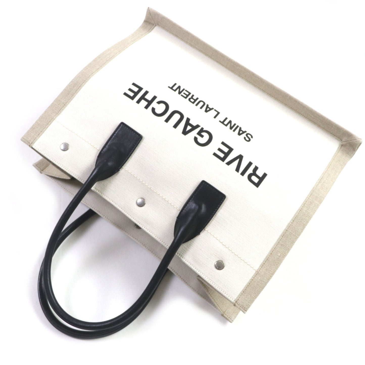 Saint Laurent 617481 Rive Gauche Logo Canvas And Leather Tote Bag In Beige Black With Dust Bag