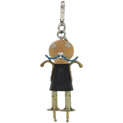 Prada Robot Leather Wood Metal Black Keychain 1707 Prada