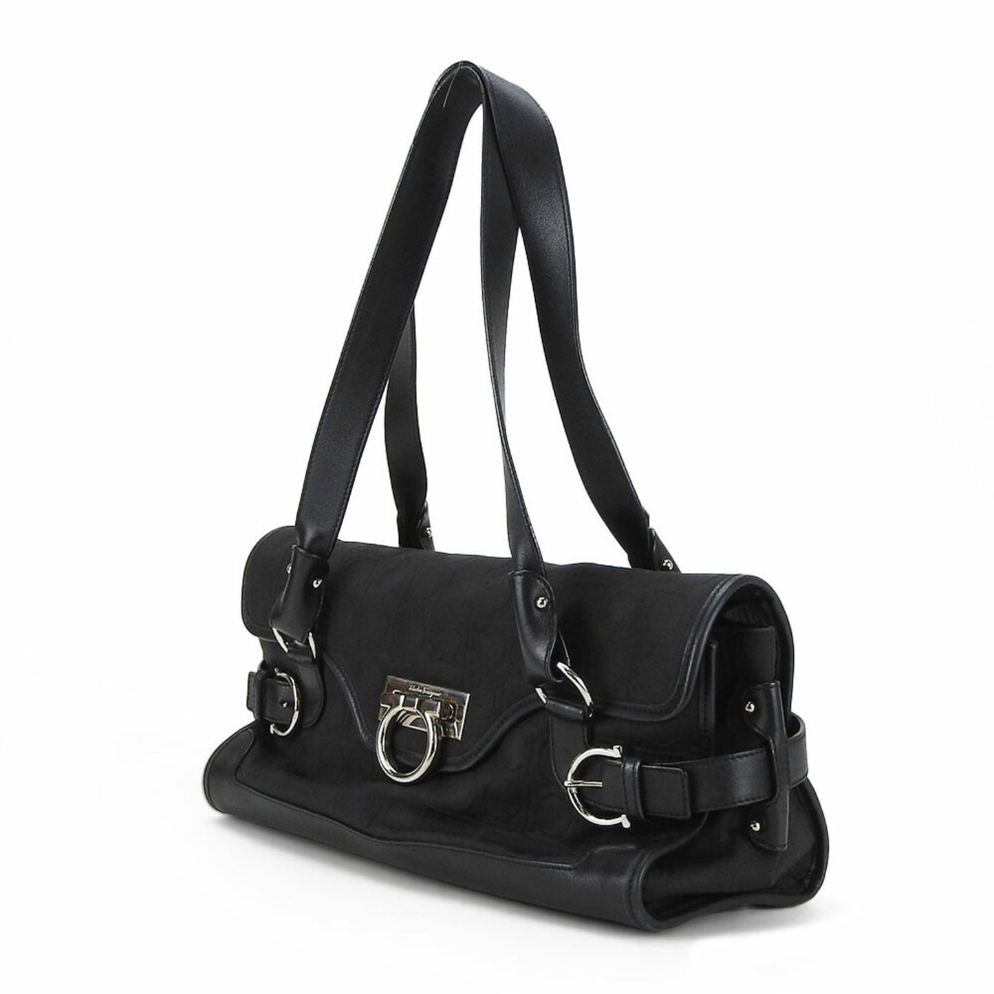 Salvatore Ferragamo Handbag Ex-21 4913 Gancini Canvas Leather Black Shoulder Bag