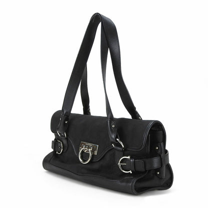 Salvatore Ferragamo Handbag Ex-21 4913 Gancini Canvas Leather Black Shoulder Bag