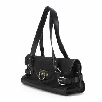 Salvatore Ferragamo Handbag Ex-21 4913 Gancini Canvas Leather Black Shoulder Bag