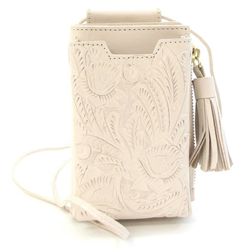 Grace Continental Shoulder Bag Carving Stripes Mobile Wallet Ecru Leather Smartphone