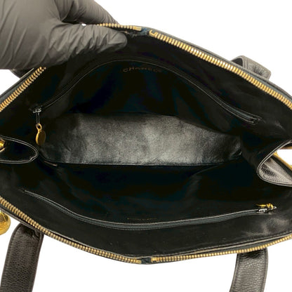 Chanel Vintage Coco Mark Caviar Leather Semi-Shoulder Bag Tote Black 36473