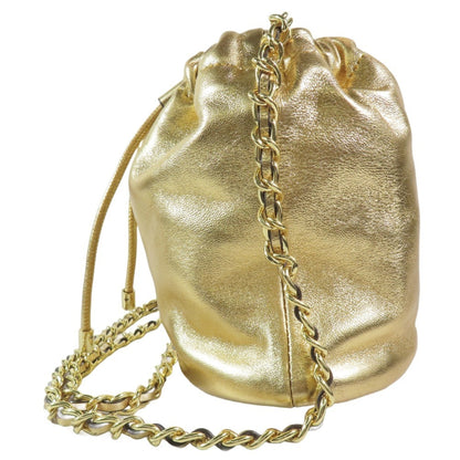 Ralph Lauren Women'S Gold Leather Drawstring Shoulder Bag With Chain Strap