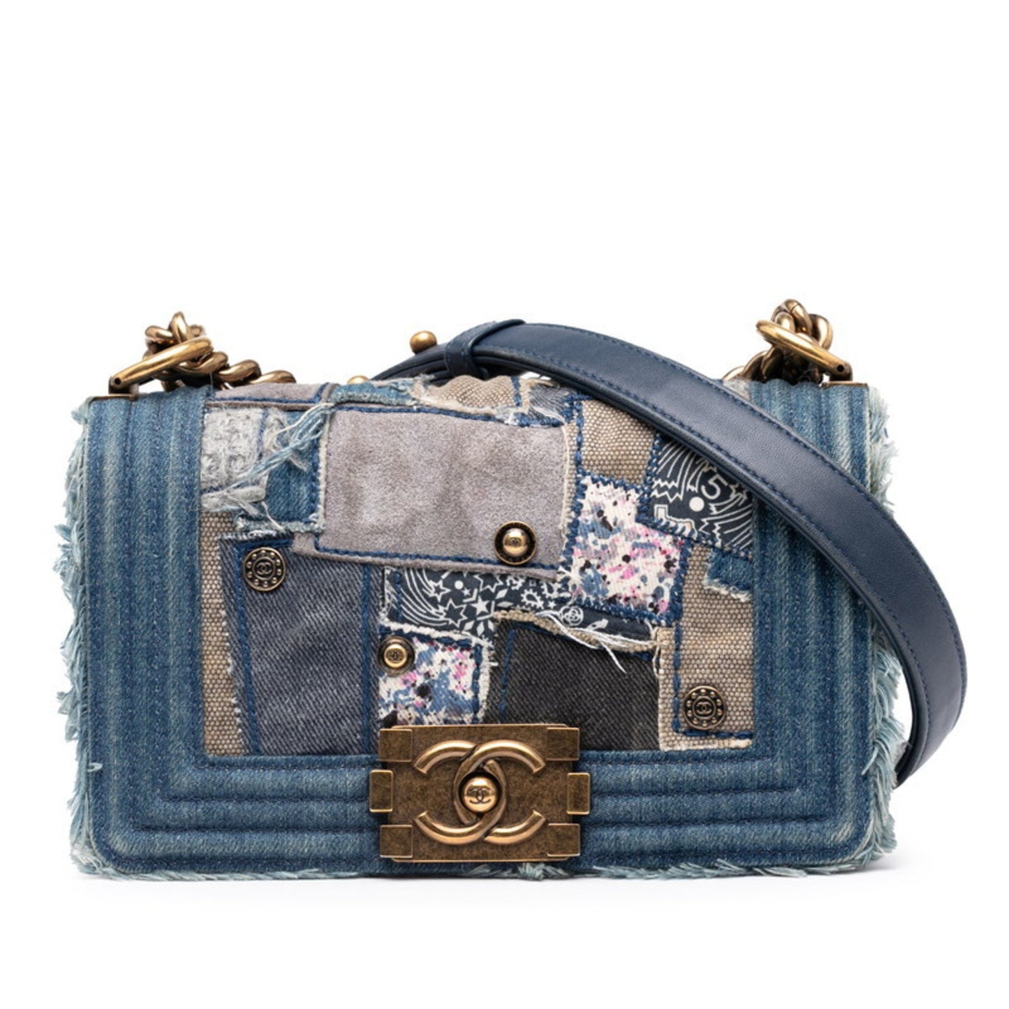 Chanel Boy Chanel Patchwork Chain Shoulder Bag Blue Gold Denim