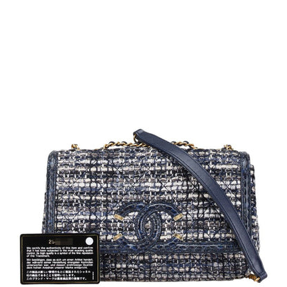 Chanel Cc Filigree Coco Mark Python Embossed Chain Shoulder Bag In Navy Tweed