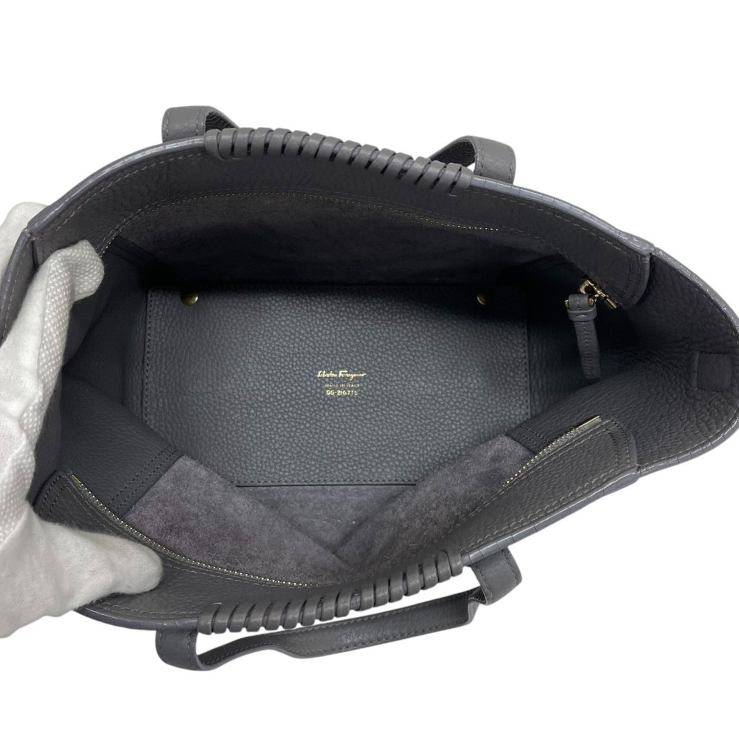 Salvatore Ferragamo Marta Punching Gancini Leather 2Way Shoulder Bag Tote Grey