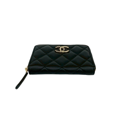 Unused Chanel Matelasse Coco Mark Rhinestone Lambskin Coin Case Wallet Black 21588