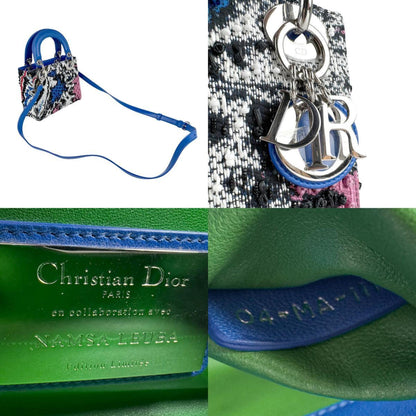 Christian Dior Handbag Shoulder Bag Lady Tweed Beads Leather Blue X Black
