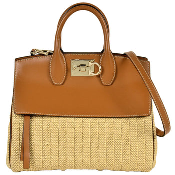 Salvatore Ferragamo Ferragamo Gancini Studio Bag Handbag Leather Raffia Dh-21 H539 Brown