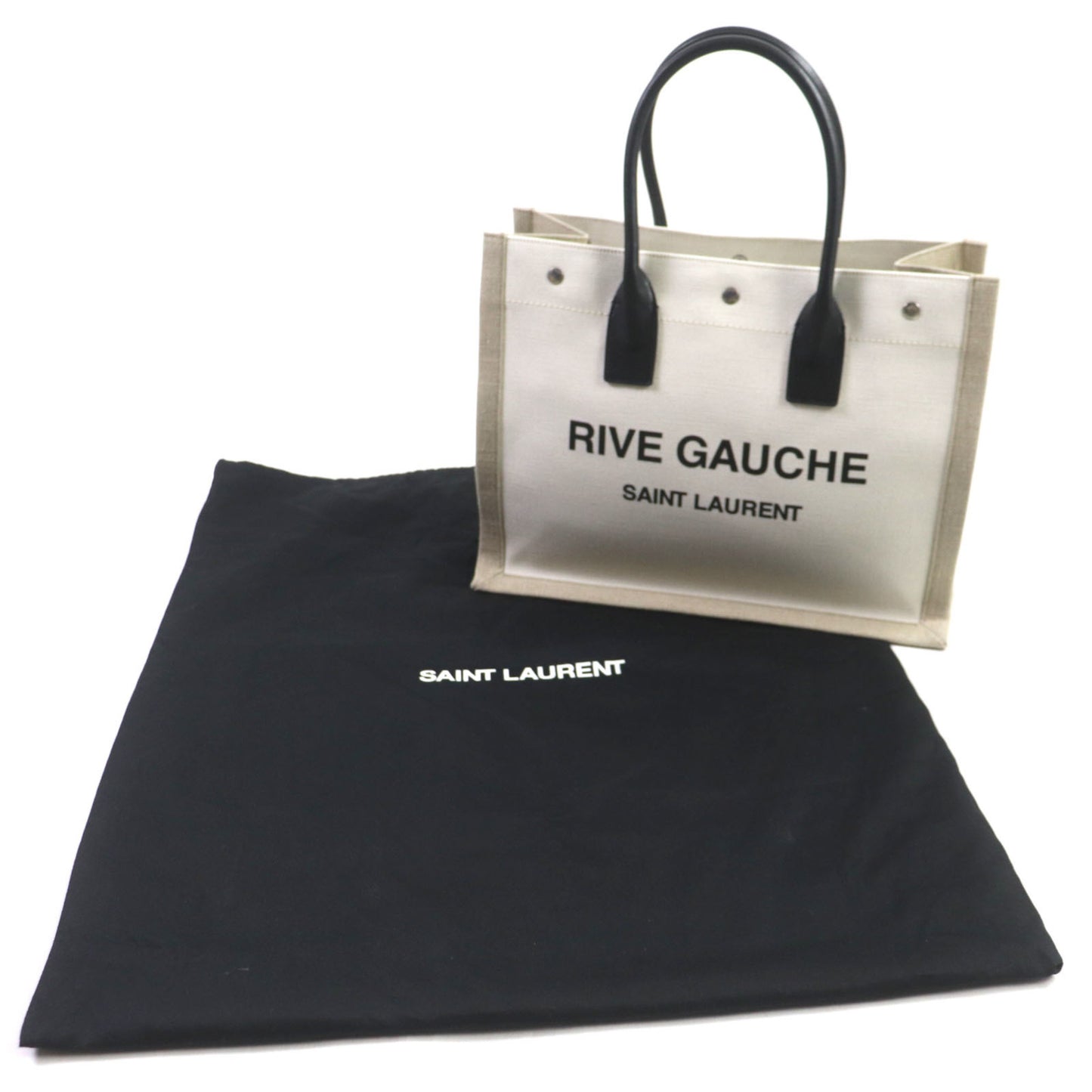 Saint Laurent 617481 Rive Gauche Logo Canvas And Leather Tote Bag In Beige Black With Dust Bag